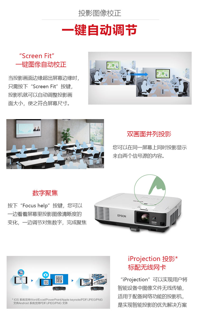 愛普生CB-2155W投影機 一鍵自動校正 多畫面投影